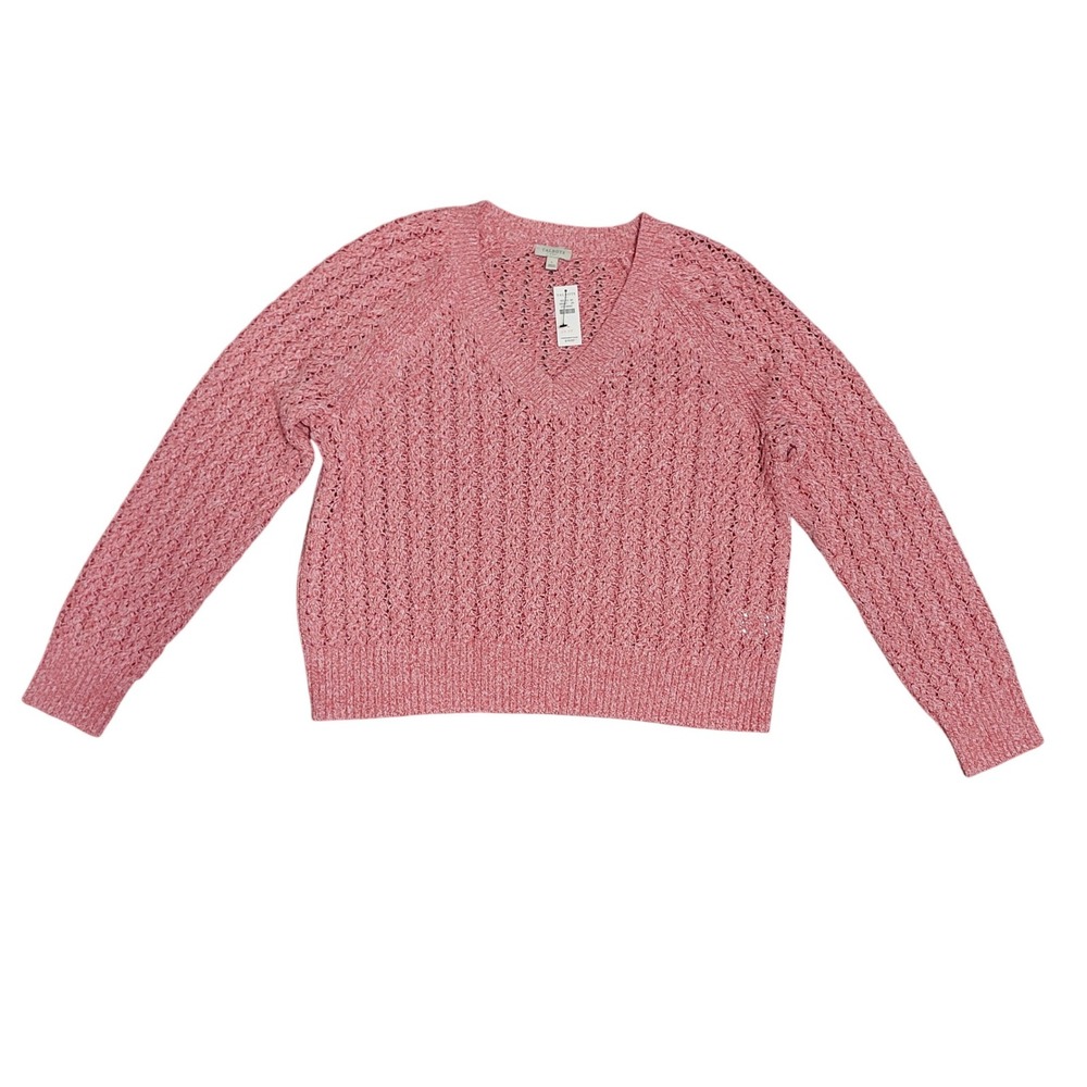 Talbots Womens Large Coral Pink Marl Cotton Open‎ Knit V-Neck Sweater Summer NEW